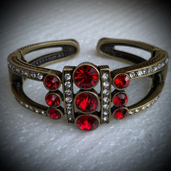 Vintage Jewelry - Heidi Daus Sparkly Red Crystal Brass Clamp Vintage Bracelet